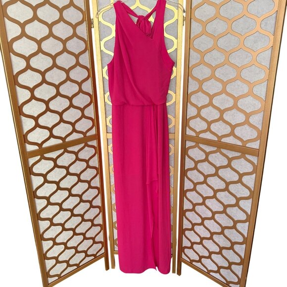 Halston Size 2 Fuchsia Azalea Asymmetric Draped Sleeveless Tie Back Maxi Gown - Picture 2 of 16